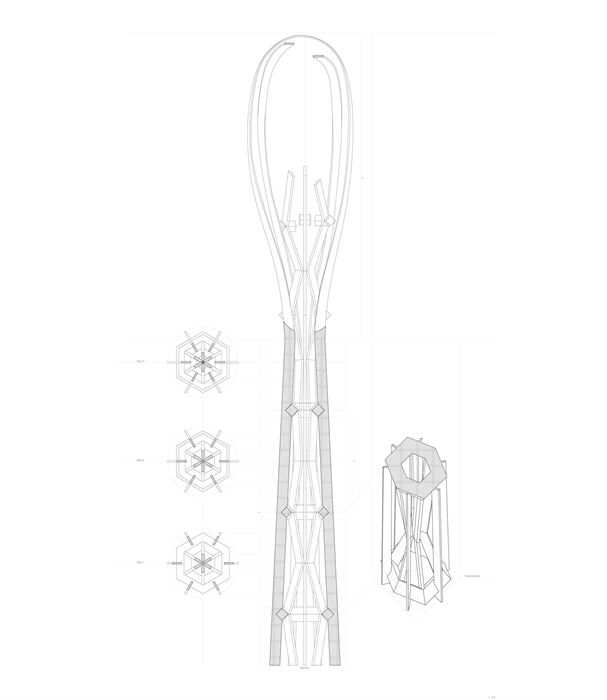 Section, Plan, Axonometric, 2025, Rhino & Illustrator, 32″ × 32″