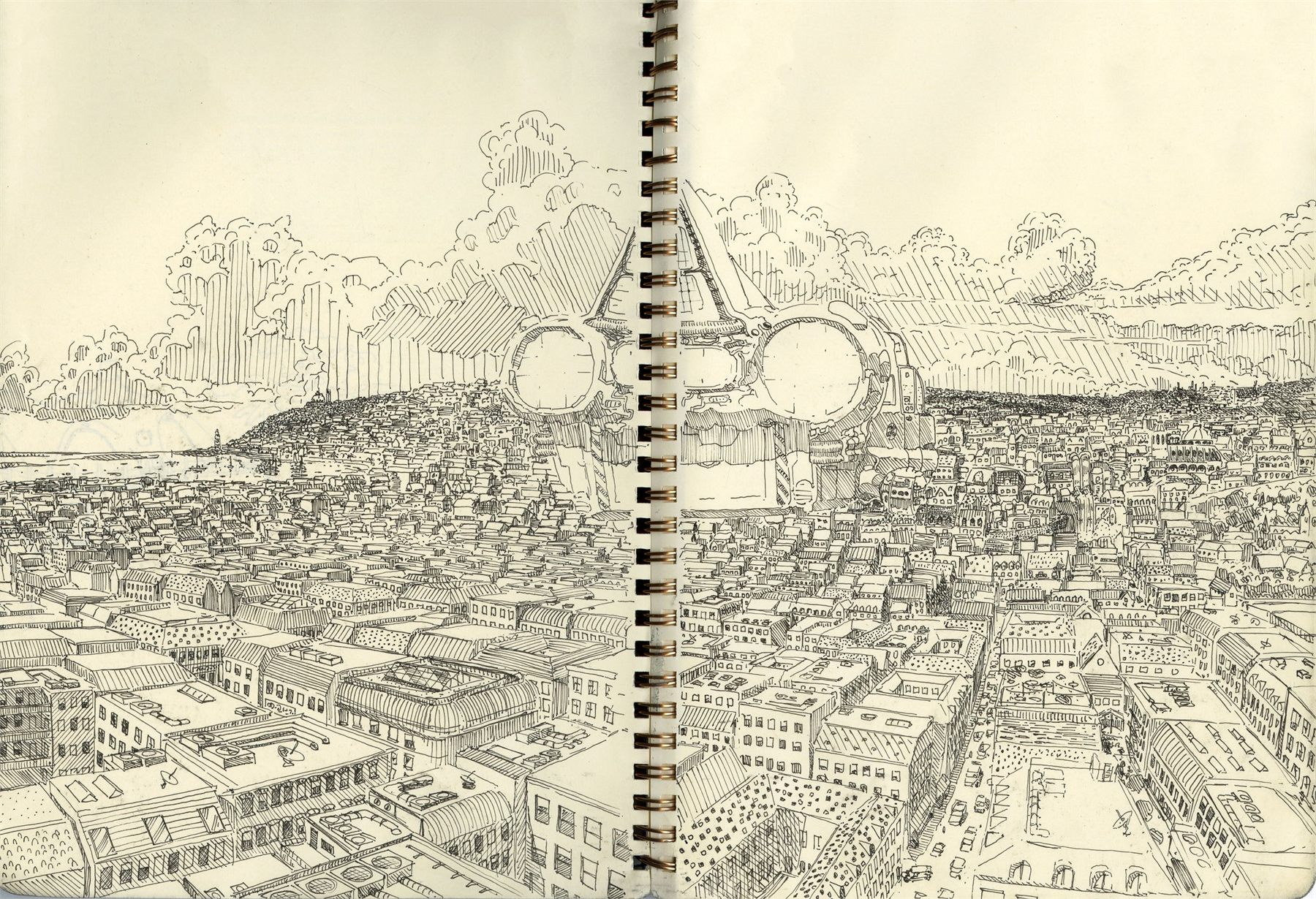 Spaceship over Cityscape, 2023, Pen on paper, 10″ × 14″
