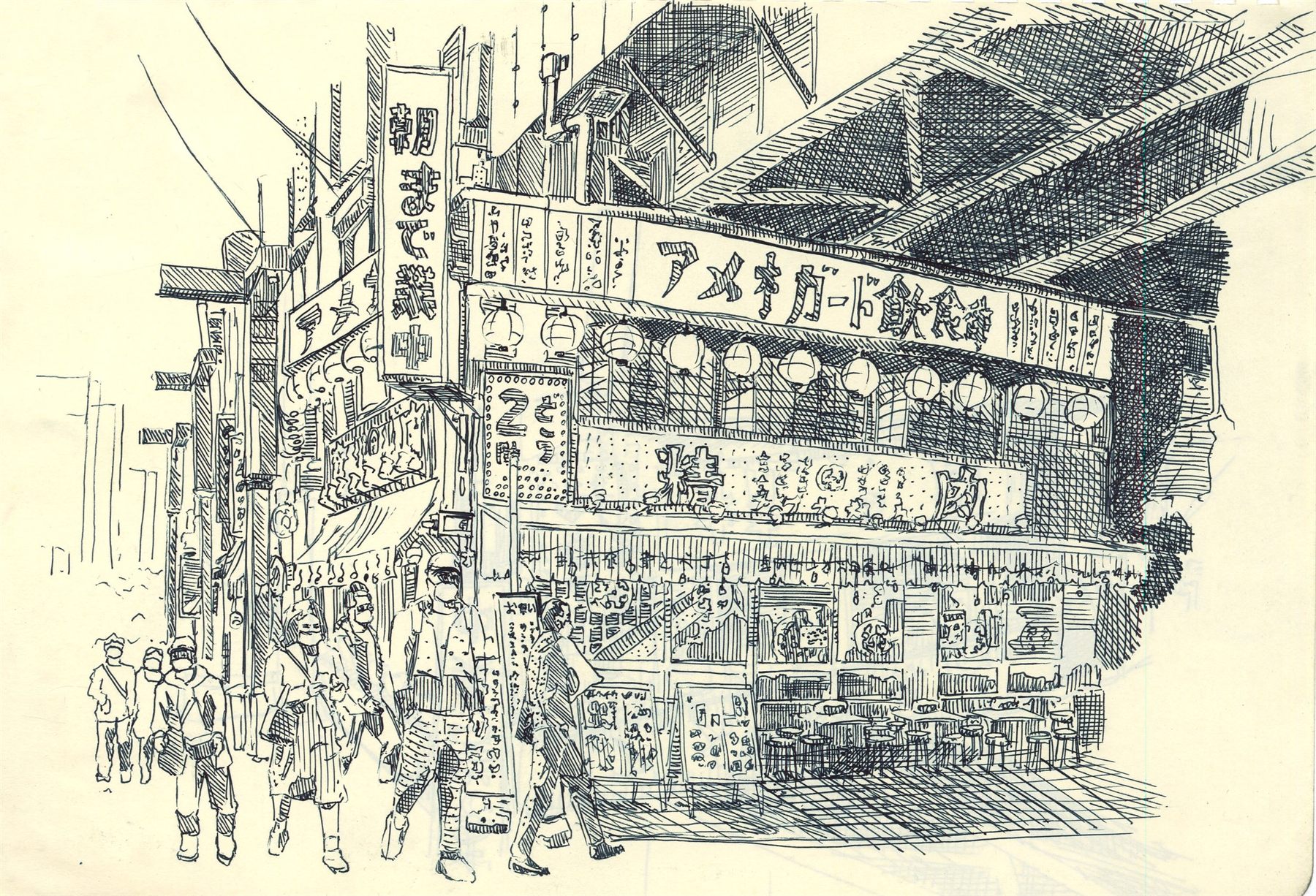 Tokyo Restaurant, 2023, Pen on paper, 10″ × 7″